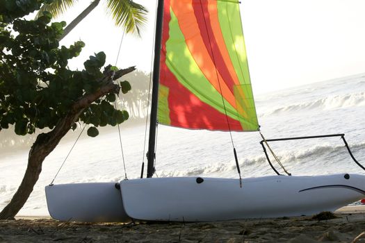 sailboat docked on the tropical beach