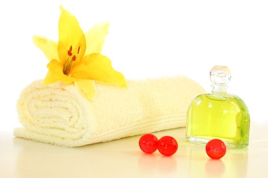 wellness still life with towel flower and copyspace