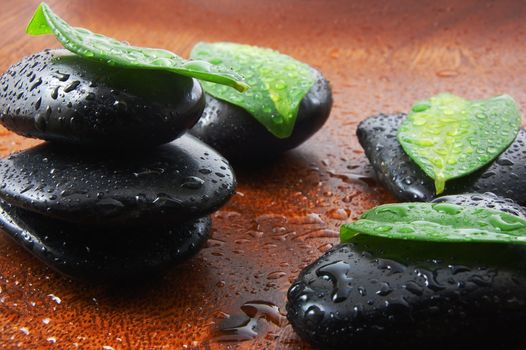 zen stones and leaves showing a wellness or bath concept