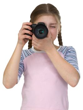 Little girl with a camera isolated on a white background