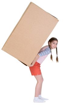 The little girl has a large cardboard box