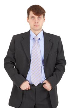 Young serious businessman in a business suit isolated on white background