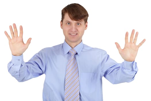 A young man shows a gesture of hands - stop