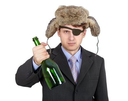 Russian business man in the hat earflaps, offers to drink alcohol on white background