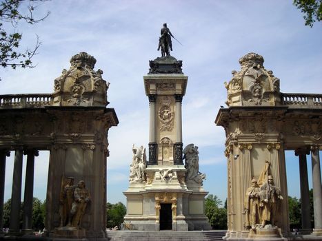 Rear view of the monument place in the lake of the Retiro Gardens in Madrid