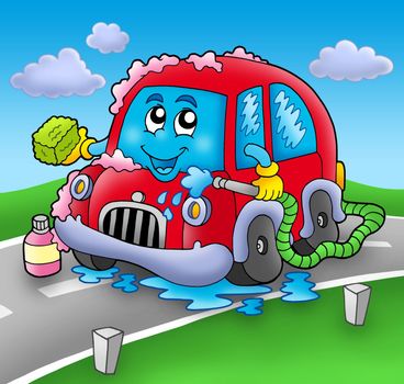Cartoon car wash on road - color illustration.