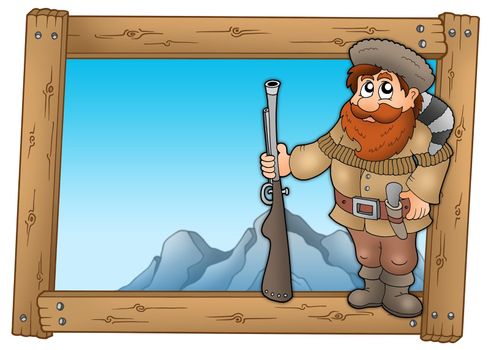 Cartoon trapper in wooden frame - color illustration.