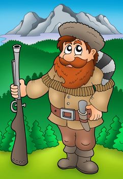 Cartoon trapper with mountains - color illustration.