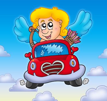 Cupid in red car on sky - color illustration.