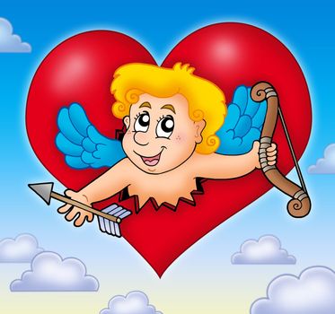 Cupid lurking from heart on sky - color illustration.