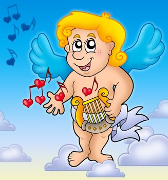 Cupid playing harp on sky - color illustration.