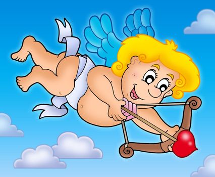 Cupid shooting from bow on sky - color illustration.