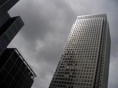 Upward view of one skyscraper at Canary Wharf, London.