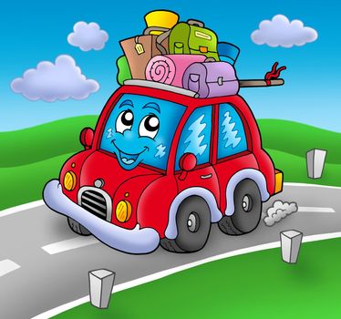 Cute car with baggage on road - color illustration.