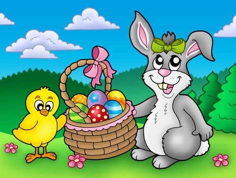 Cute Easter bunny and chicken - color illustration.