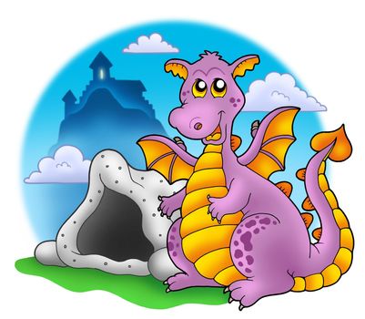 Dragon with cave and castle 1 - color illustration.