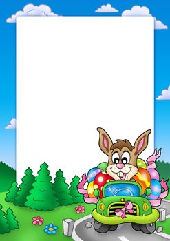 Easter frame with bunny driving car - color illustration.