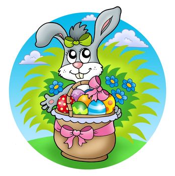 Easter rabbit with decorated eggs - color illustration.