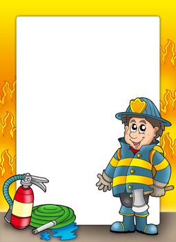 Fire protection frame with fireman - color illustration.