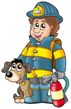 Firefighter with dog and extinguisher - color illustration.
