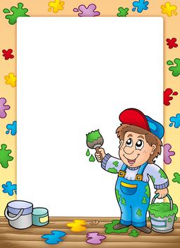 Frame with cartoon house painter - color illustration.