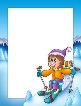 Frame with cartoon skiing boy - color illustration.