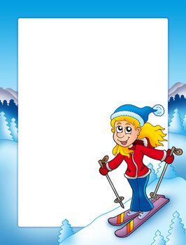 Frame with cartoon skiing woman - color illustration.