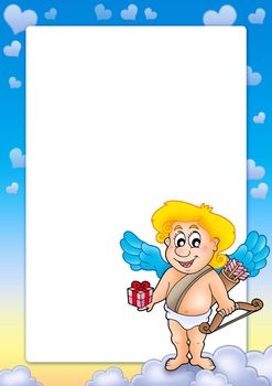 Frame with Cupid holding gift - color illustration.
