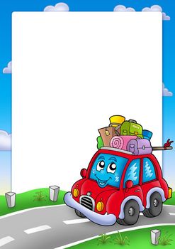 Frame with cute car and baggage - color illustration.