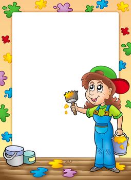 Frame with cute house painter - color illustration.