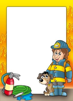 Frame with firefighter and dog - color illustration.