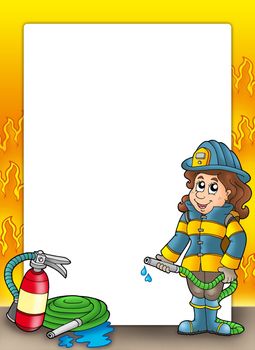 Frame with firefighter girl - color illustration.