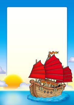 Frame with Chinese ship - color illustration.