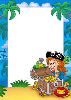 Frame with pirate girl and treasure - color illustration.