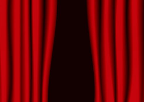 Red theater curtains partly open with black background