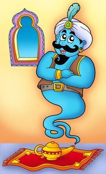 Genie from lamp on carpet - color illustration.