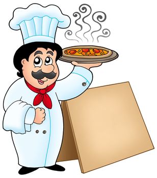 Chef holding pizza with table - color illustration.
