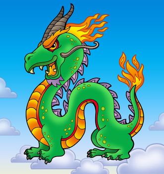 Chinese dragon on blue sky - color illustration.
