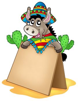 Mexican donkey with wooden table - color illustration.
