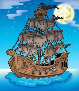 Mysterious ship with full Moon - color illustration.
