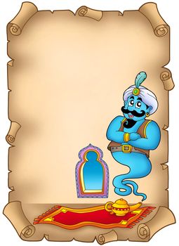 Old parchment with genie - color illustration.