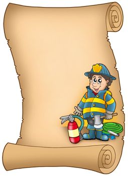 Parchment with fireman - color illustration.