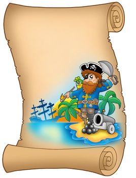 Parchment with pirate and cannon - color illustration.