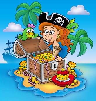 Pirate girl and treasure - color illustration.