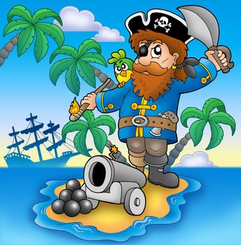 Pirate shooting from cannon - color illustration.