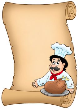 Scroll with chef with roasted meat - color illustration.