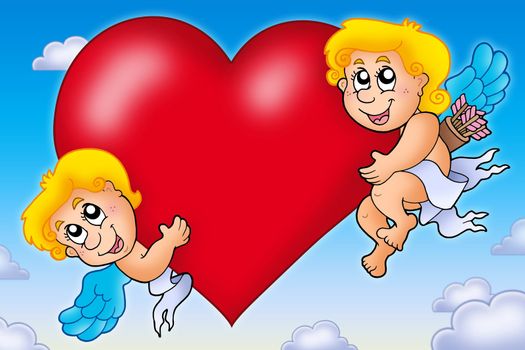 Two Cupids holding heart on sky - color illustration.
