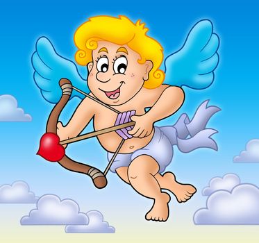 Valentine Cupid with bow on sky - color illustration.