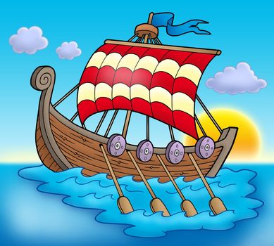Viking boat on sea - color illustration.