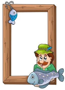 Wooden frame with fisherman - color illustration.